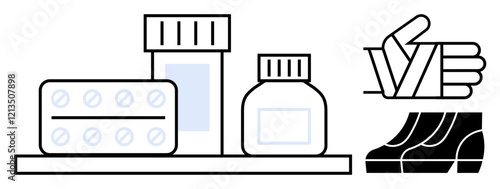 Medicine bottles, tablet pack, bandaged hand, and support footwear for injury treatment and recovery. Ideal for medical care, healthcare, injury prevention, first aid, physical therapy