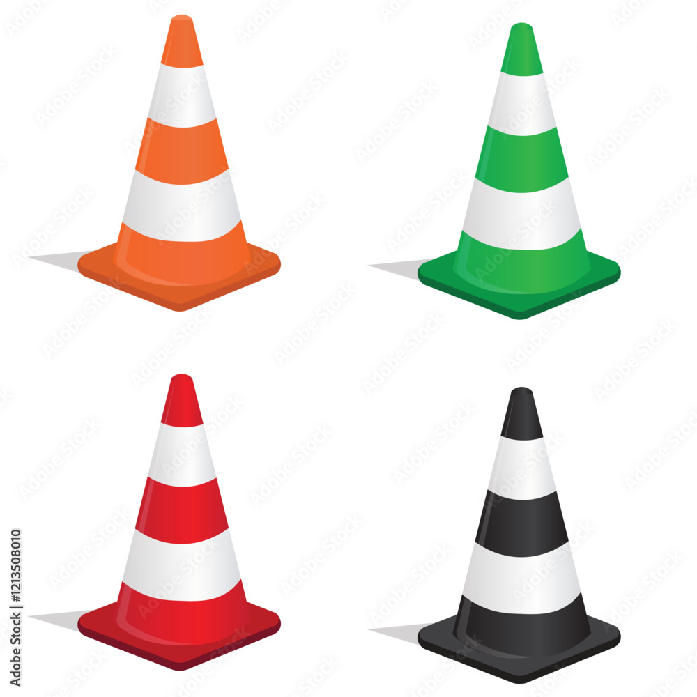 colorful traffic cones icon on white background. construction industrial accident prevention concept. sign symbol warning safety, Cartoon minimal cute smooth. 3d vector elements colorful traffic cones icon on white background. construction industrial accident prevention concept. sign symbol warning safety, Cartoon minimal cute smooth. 3d vector elements