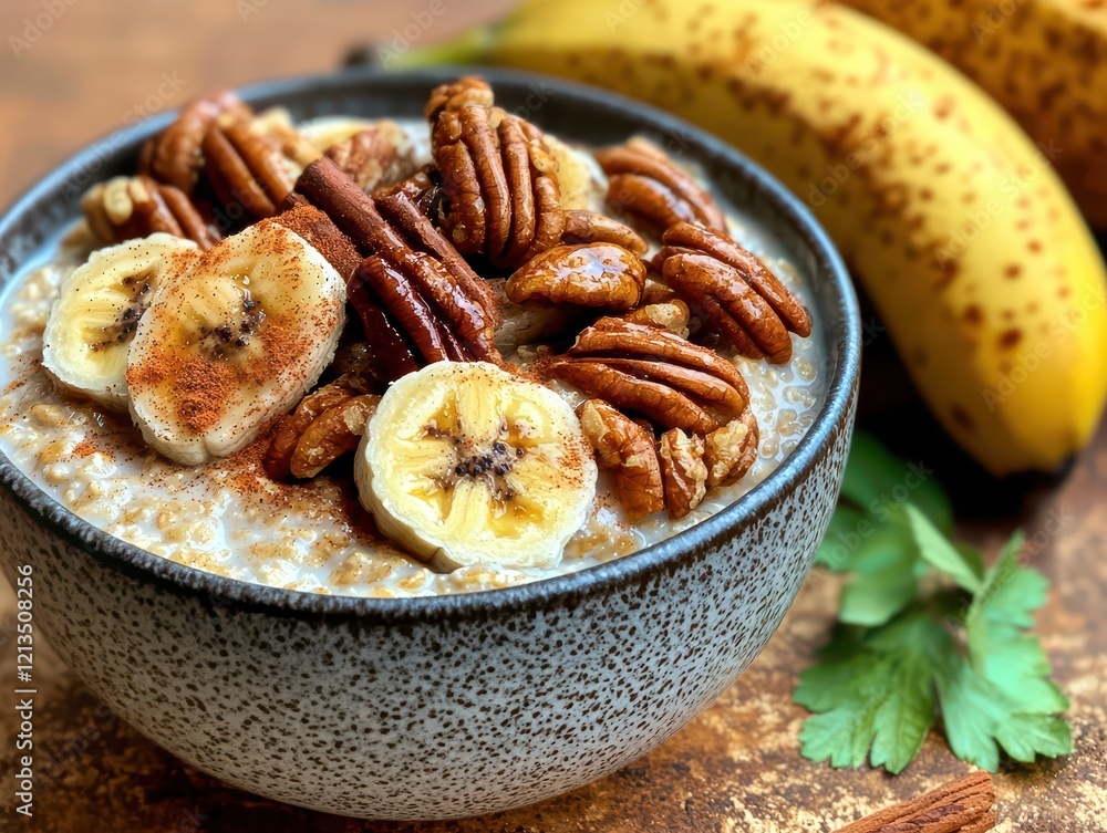 Bowl of oatmeal topped with bananas and pecans beside fresh bananas. Healthy breakfast bowl recipe. Bowl of oatmeal topped with bananas and pecans beside fresh bananas. Healthy breakfast bowl recipe.