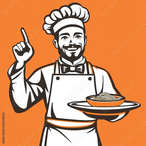 Chef presenting pasta dish,  orange background,  illustration, food presentation, possible use for menu design photo