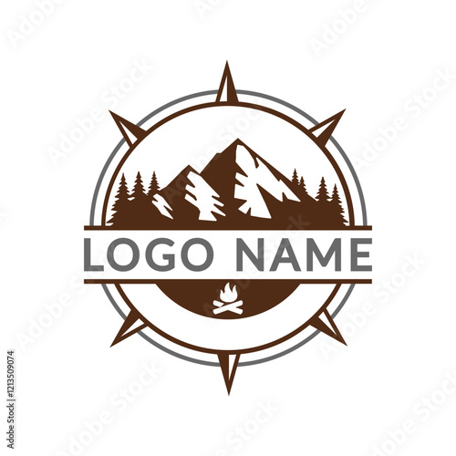 Mountain forest compass bonfire logo, suitable for survival camping outdoor logo
