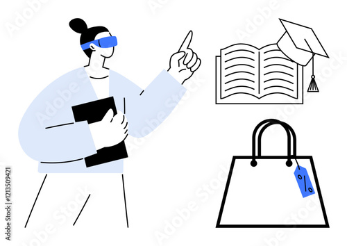 Person wearing VR headset pointing towards book and graduation cap, holding document. Also includes shopping bag with a tag. Ideal for education, e-learning, virtual reality, technology in education