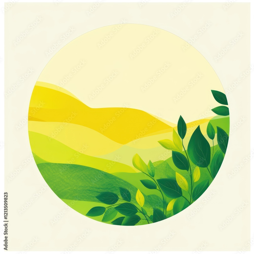 Fototapeta premium Abstract circle graphic of hills and leaves