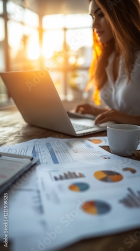 Woman working on laptop, analyzing financial charts and graphs at office desk.