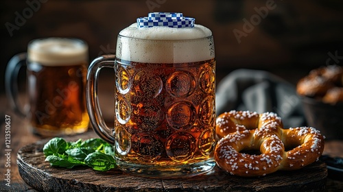 Bavarian Beer Stein with Pretzels and Garnish photo