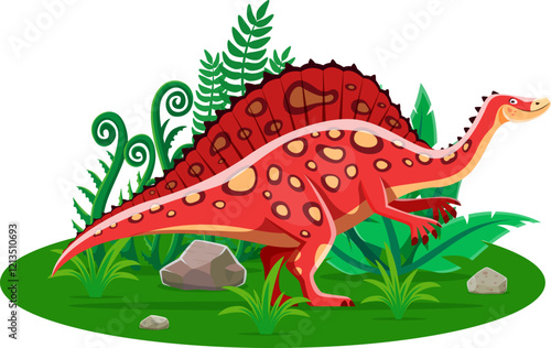 Ouranosaurus prehistoric dinosaur cartoon character. Isolated vector sail-backed friendly herbivore reptile animal in natural environment with greenery and rock. Early Cretaceous ancient era lizard