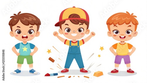 Kids destroy. Little delinquent messy children hyperactivity energy games vector different troubles situation. Children destroy and smash, trouble situation carelessly illustration photo