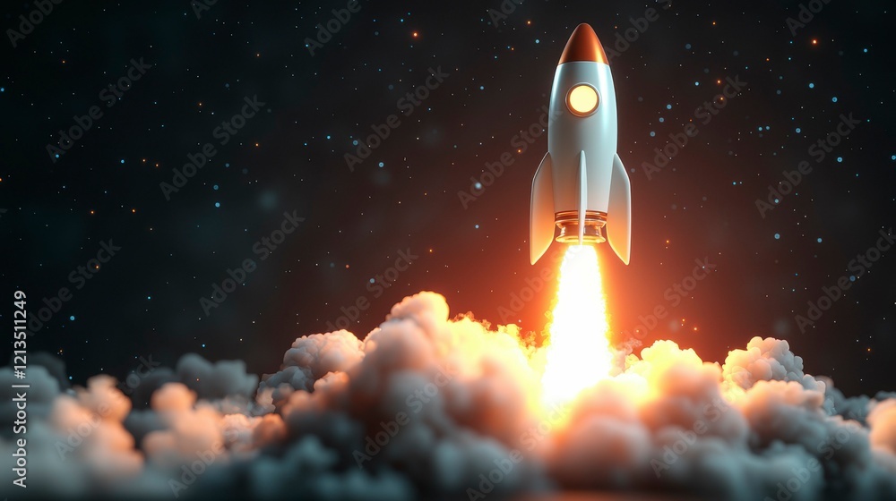 Obraz premium 3D rendering of a light bulb rocket taking off, releasing smoke, symbolizing the explosion of innovative ideas, learning, and the start of new educational or startup journeys.