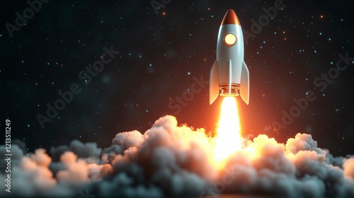3D rendering of a light bulb rocket taking off, releasing smoke, symbolizing the explosion of innovative ideas, learning, and the start of new educational or startup journeys.