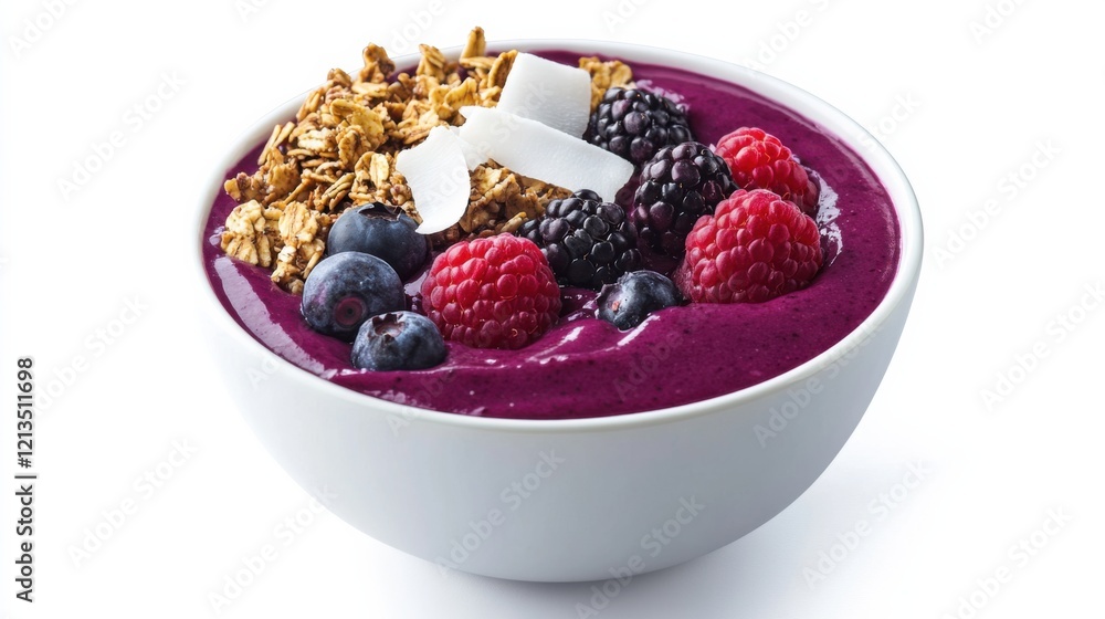 A vibrant bowl of acai smoothie topped with granola, sliced bananas, strawberries A vibrant bowl of acai smoothie topped with granola, sliced bananas, strawberries