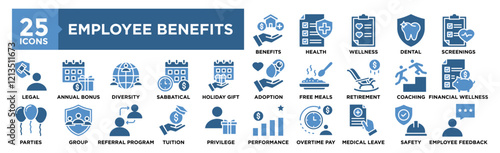 Employee Benefits icon collection set. Containing design employee, business, insurance, health, pay, benefit, bonus	