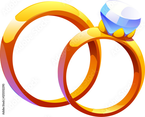Valentine day love symbol, wedding golden rings for marriage, cartoon vector. Wedding rings with diamond jewel gem for bride and bridegroom marriage or engagement and Valentine day love symbol