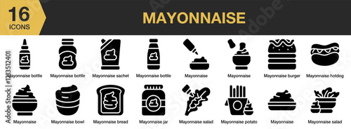 Mayonnaise solid icon set. Includes Bottle, Ketchup, Mayonnaise, Mustard, Sauce, Food, and More. Solid icons vector collection.
