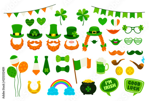 St Patrick day photo booth, Irish holiday party photobooth and stickers. Vector leprechaun hats, orange beards, shamrocks, Irish flags, balloons, rainbows, gold coins, green beer mugs and horseshoes