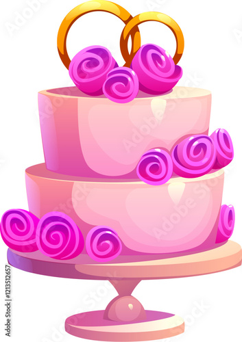 Wedding cake with golden rings for Valentine day or marriage, vector cartoon love symbol. Wedding cake with pink roses of cream or caramel on tray plate, romantic sweet dessert for Valentine day