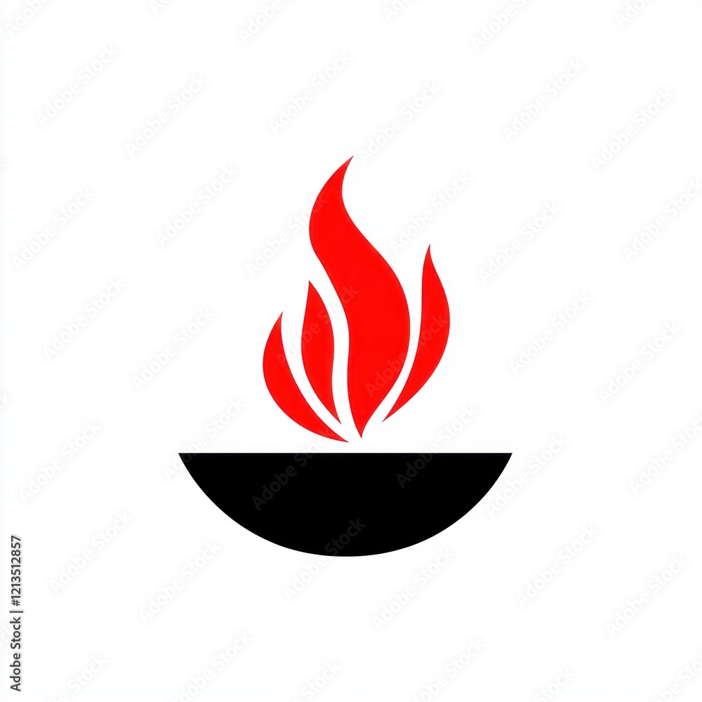 Red flame atop a black dish on white, symbolizing power, heat, or energy, for education or design Red flame atop a black dish on white, symbolizing power, heat, or energy, for education or design