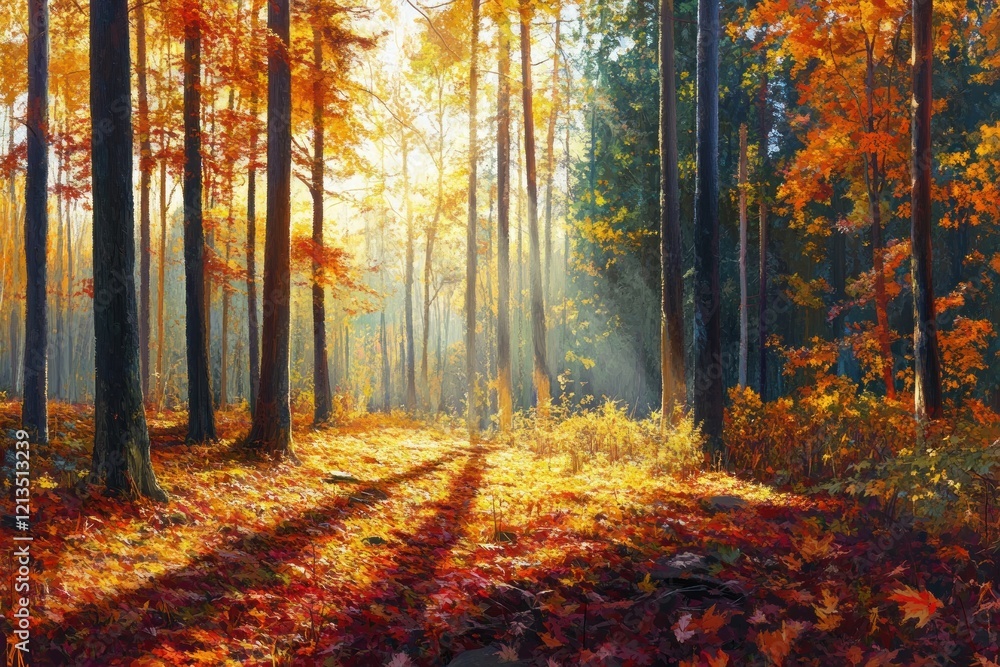 Obraz premium Autumn sunlight streams through forest, illuminating fall foliage, creating a serene nature scene for calendar design