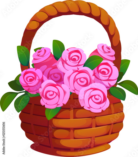 Wedding marriage and Valentine day roses basket. Saint Valentine love day gift, spring flowers in wicker basket. Fresh pink roses cartoon vector isolated bouquet or romance holiday garden plants