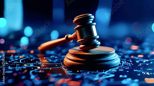 A gavel resting on a digital circuit background, symbolizing law and technology.