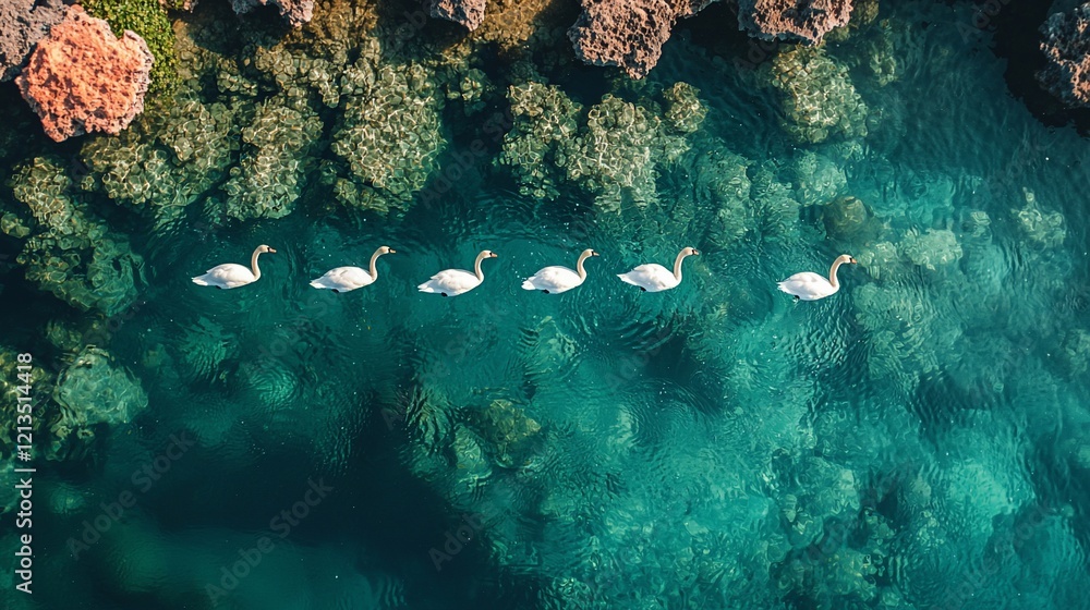 Fototapeta premium Five white swans swimming in a clear turquoise lake, aerial view.