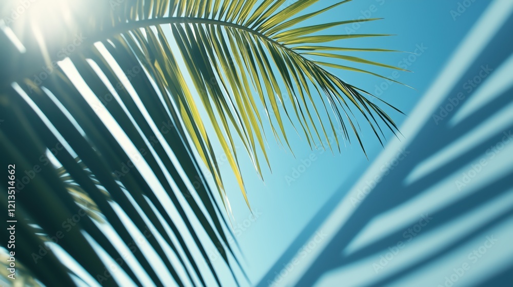 Fototapeta premium Sunlit Palm Fronds and Abstract Shadows Against a Vivid Blue Sky