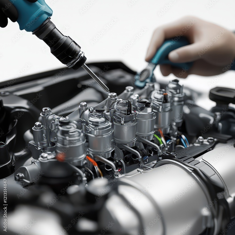 Obraz premium Mechanic servicing a modern car engine meticulously