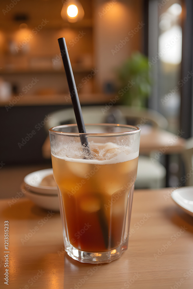 a glass of ice coffee in nice and warm cafe a glass of ice coffee in nice and warm cafe