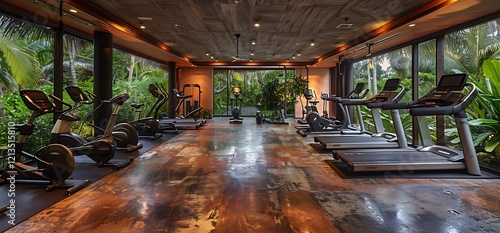 Tropical gym with treadmills & exercise bikes; lush garden view; wellness retreat