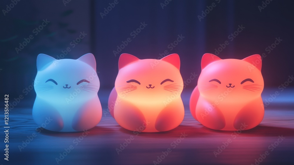 Cute cat nightlights glow on wood, dark room Cute cat nightlights glow on wood, dark room