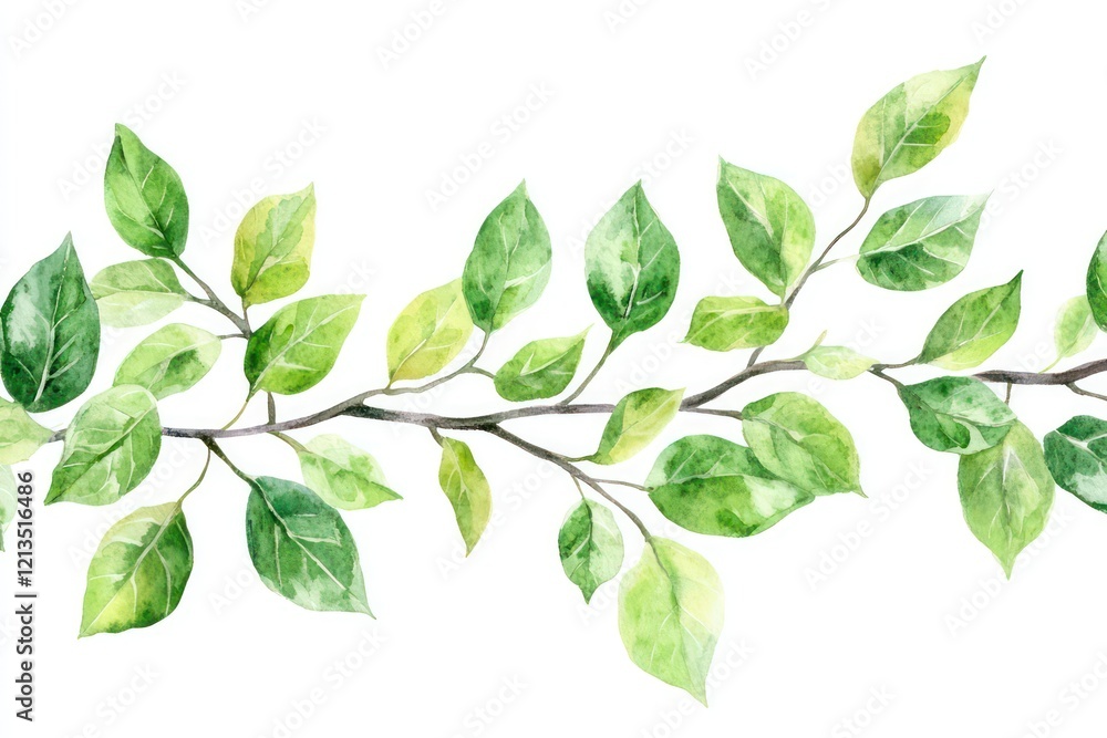 Fototapeta premium A watercolor seamless border featuring lush green leaves and delicate branches for wedding invitations and DIY projects.