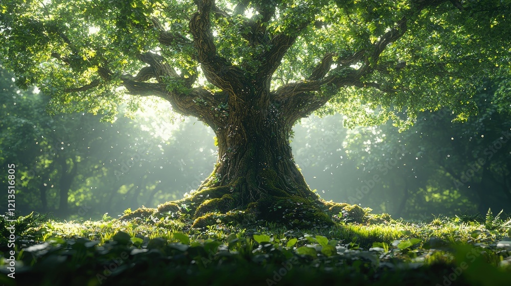 Fototapeta premium Majestic ancient tree stands tall in sunlit forest