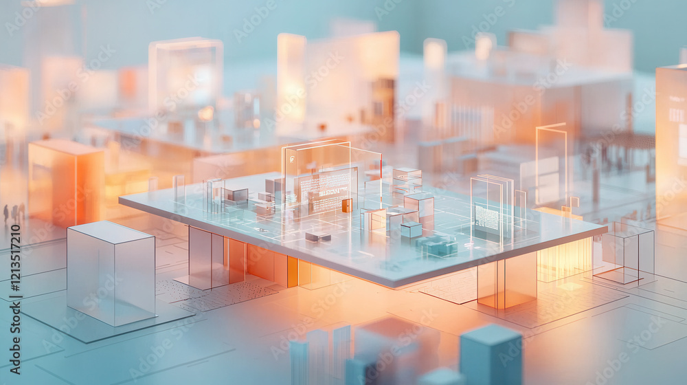 Obraz premium serene marketing strategy room with holographic display showcasing futuristic data visualization and glowing architectural models
