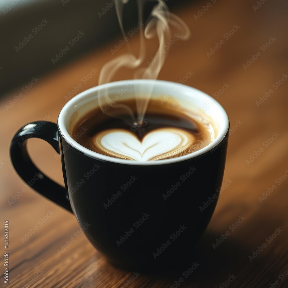 Close-up of black coffee cup with heart shaped steam, espresso shot, morning mood, meditative Close-up of black coffee cup with heart shaped steam, espresso shot, morning mood, meditative