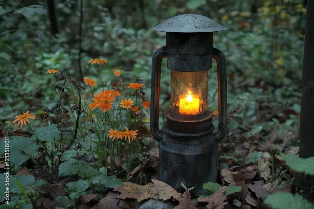 A weathered lantern with a glowing flame surrounded by wildflowers and fallen leaves in the forest. A weathered lantern with a glowing flame surrounded by wildflowers and fallen leaves in the forest.