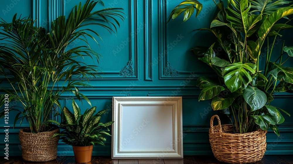 Fototapeta premium White frame mockup against teal wall with tropical plants.