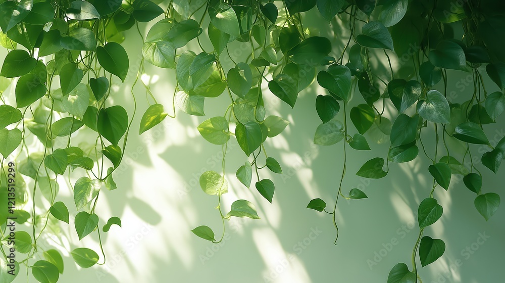 Obraz premium Lush Green Foliage Cascading Down a Pale Green Wall Dappled Sunlight Creates Shadows and Highlights Vibrant Leaves Evoking Serenity and Natural Beauty