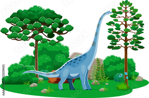 Cartoon Titanosauria dinosaur cute character. Prehistoric reptile comical vector mascot, paleontology lizard or Jurassic era animal funny character. Titanosauria dinosaur cute personage in pine forest