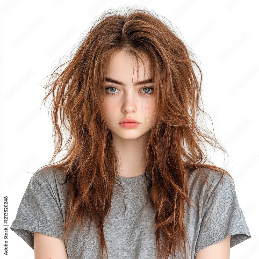 Contemplative Young Woman with Messy Brown Hair and Freckles in a Studio Portrait