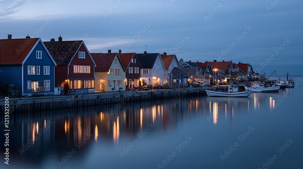Serene Coastal Town at Dusk with Soft Light and Reflections on Calm Water in the Baltic Region Serene Coastal Town at Dusk with Soft Light and Reflections on Calm Water in the Baltic Region
