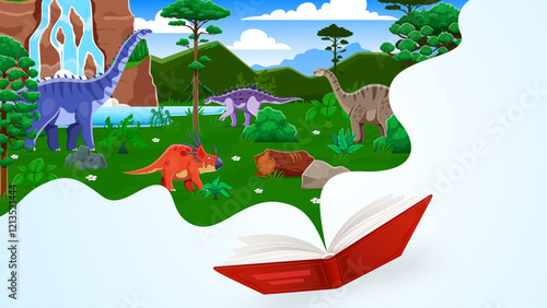 Opened kids book with prehistoric dinosaurs near waterfall landscape, vector poster. Cartoon Jurassic dinosaurs, reptiles and lizards with opened book for kids dino park, museum or encyclopedia atlas