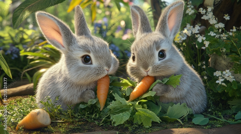 Fototapeta premium Adorable Grey Bunnies Enjoying Carrots in a Lush Garden