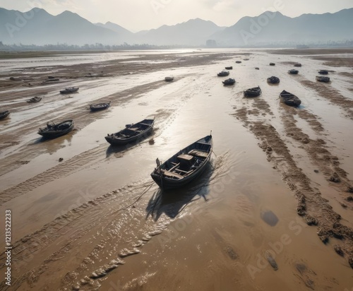 Boats navigating through muddy waters of Xiapu mudflats , water, mudflat