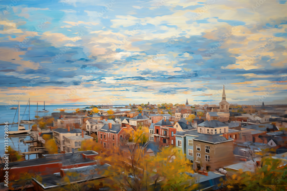 Obraz premium 20th century oil painting with an aerial view with clouds at sunset of a city view with a harbor and fishing port.