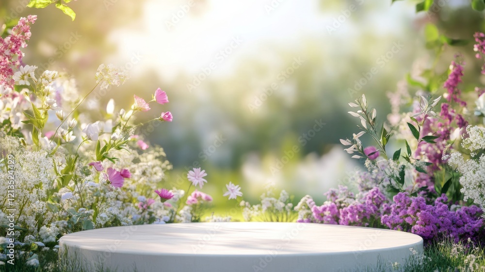custom made wallpaper toronto digitalProduct podium for display and presentation surrounded by vibrant garden flowers in full bloom, perfect for cosmetic promotions, featuring a fresh summer and spring floral background with lush nature 