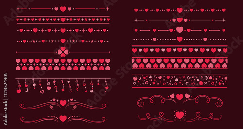 Valentines day borders and dividers vector set. Vibrant red and pink embellishments and trims evoke love and romance for valentine day greeting cards, wedding invitations, stationery and decorations