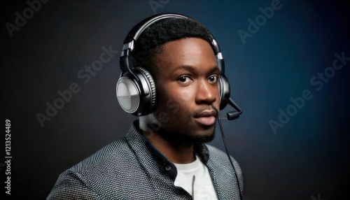 Radio Host or Live Broadcaster Wearing Earphones with Copy Space photo