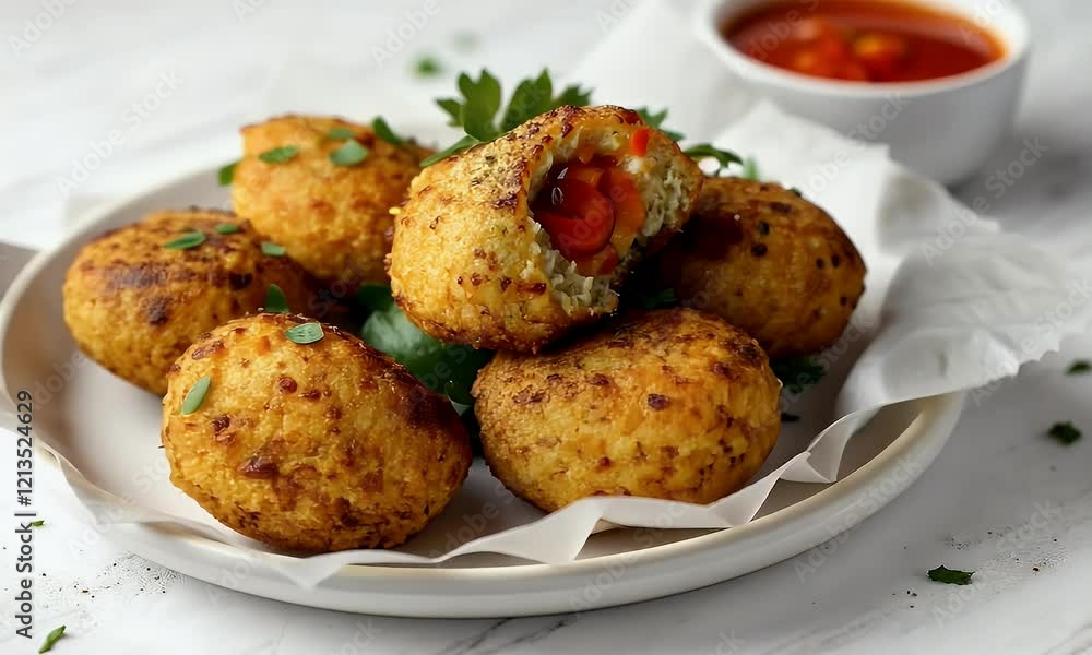 Crispy Golden Brown Arancini Rice Balls Stuffed with Cheese and Tomato Sauce Crispy Golden Brown Arancini Rice Balls Stuffed with Cheese and Tomato Sauce