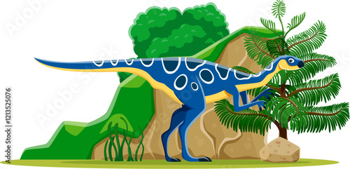Jurassic Hypsilophodon dinosaur funny character. Jurassic era lizard, prehistoric reptile or paleontology dinosaur cheerful cartoon vector mascot. Extinct animal isolated comic personage or character