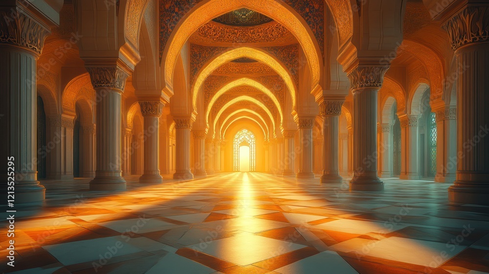 Sunlit Palace Hallway, Arches, Columns, Light, Arabian Architecture, Game Background Sunlit Palace Hallway, Arches, Columns, Light, Arabian Architecture, Game Background