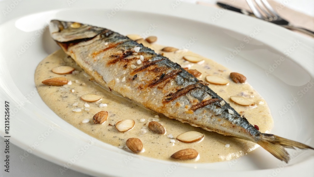Close-up of grilled mackerel with almond sauce, culinary art, healthy eating, entree, fish on grill Close-up of grilled mackerel with almond sauce, culinary art, healthy eating, entree, fish on grill